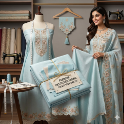Powder Blue Heavy Embroidered Mal Cotton Unstitched Ensemble.