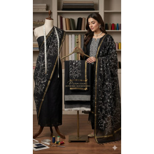 Midnight Elegance Premium Slub Cotton Unstitched Suit Set