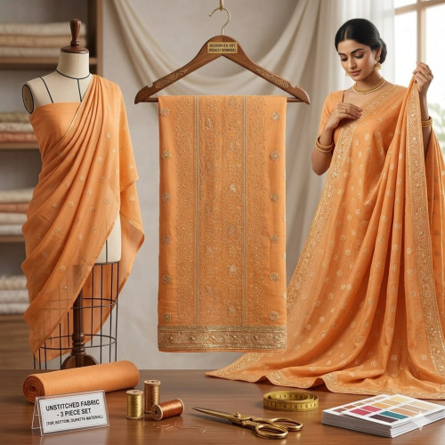 Veeran Fashions Peach-Orange Embroidered Chinon Unstitched Suit with Zari Work