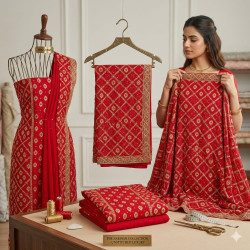 Veeran Fashions Floral Elegance Chinon Unstitched Suit with Ombre Dupatta