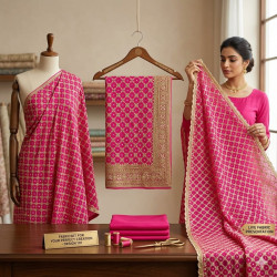 Veeran Fashions Floral Symphony Red Chinon Unstitched Suit with Ombre Heavy Dupatta