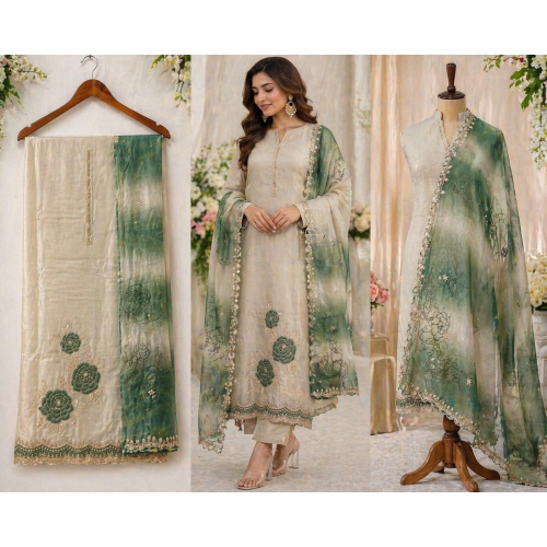 Veeran Fashions Pastel Beige Shimmer Embroidered Unstitched Suit Set Veeran Fashions Pastel Beige Shimmer Embroidered Unstitched Suit Set