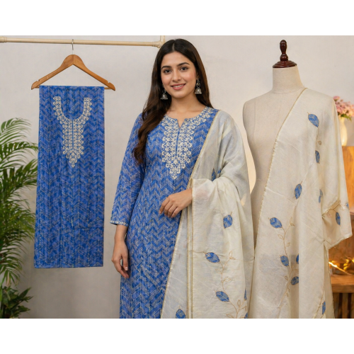 Veeran Fashions Indigo Blue Chevron Cotton Unstitched Suit Set Veeran Fashions Indigo Blue Chevron Cotton Unstitched Suit Set