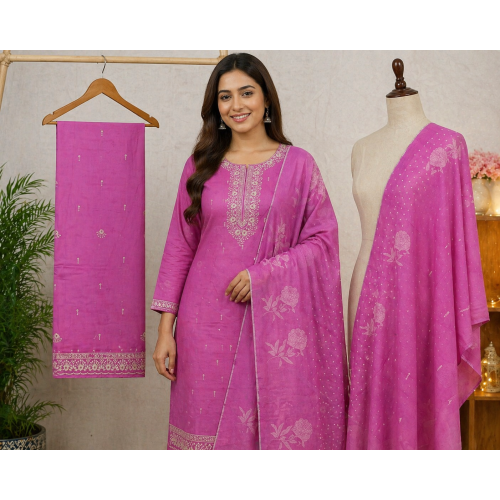 Veeran Fashions Magenta Pink Floral Cotton Unstitched Suit Set