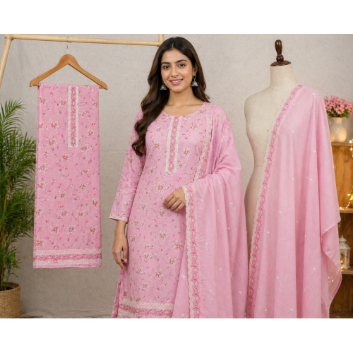 Veeran Fashions Pastel Pink Floral Embroidered Cotton Unstitched Suit Set Veeran Fashions Pastel Pink Floral Embroidered Cotton Unstitched Suit Set