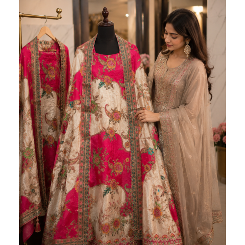Royal Red and Cream Embroidered Crape Boutique Unstitched Suit Set Royal Red and Cream Embroidered Crape Boutique Unstitched Suit Set