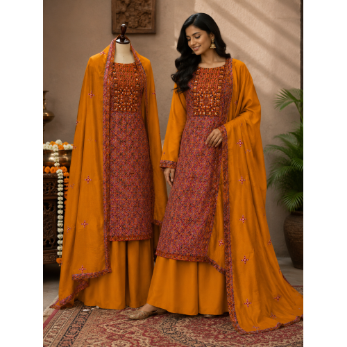 Mustard Ethnic Print Unstitched Cotton Suit with Thread Work Dupatta Mustard Ethnic Print Unstitched Cotton Suit with Thread Work Dupatta