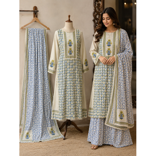 Ivory & Azure Floral Printed Cotton Boutique Unstitched Suit Ivory & Azure Floral Printed Cotton Boutique Unstitched Suit