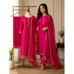 Hot Pink Glass Silk Unstitched Boutique Suit with Heavy Border Dupatta Hot Pink Glass Silk Unstitched Boutique Suit with Heavy Border Dupatta