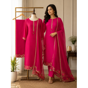 Hot Pink Glass Silk Unstitched Boutique Suit with Heavy Border Dupatta