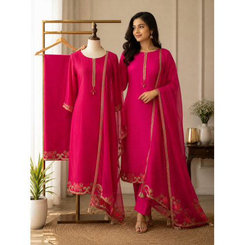 Hot Pink Glass Silk Unstitched Boutique Suit with Heavy Border Dupatta Hot Pink Glass Silk Unstitched Boutique Suit with Heavy Border Dupatta