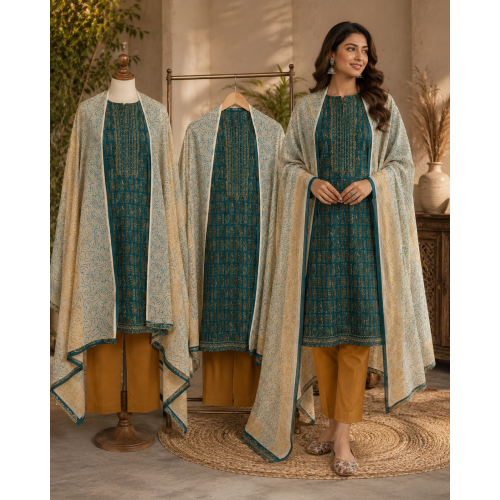 Teal Paisley Boutique Unstitched Cotton Suit Set with Mustard Contrast Teal Paisley Boutique Unstitched Cotton Suit Set with Mustard Contrast