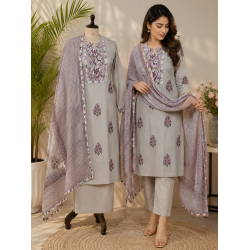 Grey Floral Printed Cotton Boutique Unstitched Suit with Matching Cotton Dupatta Grey Floral Printed Cotton Boutique Unstitched Suit with Matching Cotton Dupatta