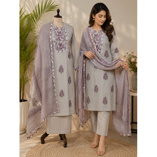 Grey Floral Printed Cotton Boutique Unstitched Suit with Matching Cotton Dupatta Grey Floral Printed Cotton Boutique Unstitched Suit with Matching Cotton Dupatta