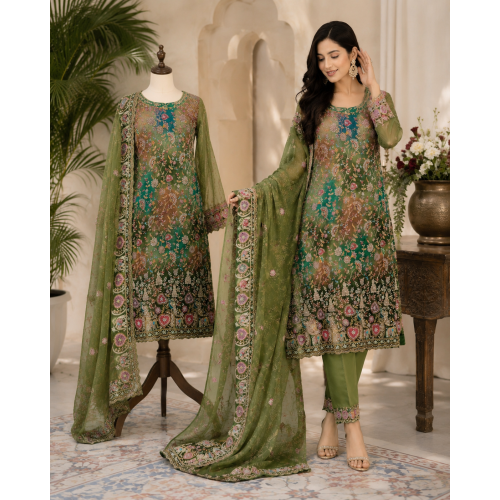 Olive Green Multi-Color Floral Embroidered Crape Boutique Unstitched Suit Olive Green Multi-Color Floral Embroidered Crape Boutique Unstitched Suit