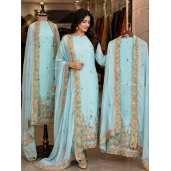 Sky Blue Floral Embroidered Crape Boutique Unstitched Suit Set Sky Blue Floral Embroidered Crape Boutique Unstitched Suit Set
