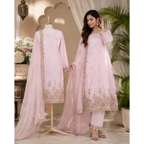 Baby Pink Floral Embroidered Crape Boutique Unstitched Suit Baby Pink Floral Embroidered Crape Boutique Unstitched Suit