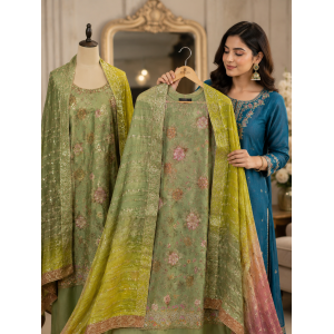 Sage Green Floral Embroidered Organza Boutique Unstitched Suit
