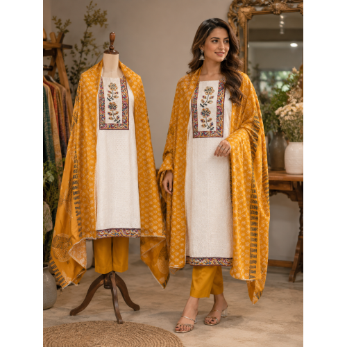 Mustard Bloom Chikankari Cotton Boutique Unstitched Suit Set Mustard Bloom Chikankari Cotton Boutique Unstitched Suit Set