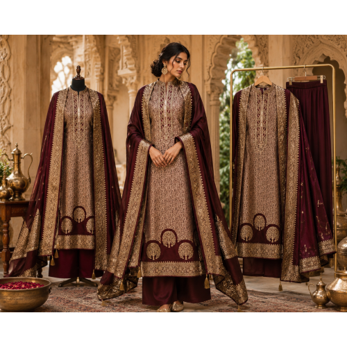 Deep Wine Jacquard Unstitched Luxury Boutique Suit Set with Banarasi Designer Dupatta Deep Wine Jacquard Unstitched Luxury Boutique Suit Set with Banarasi Designer Dupatta