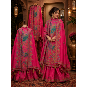 Rani Pink Heavy Embroidered Crape Unstitched Boutique Sharara Suit Set