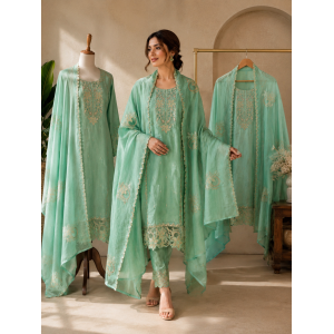 Pastel Mint Green Mal Cotton Unstitched Boutique Suit Set with Cutwork Details