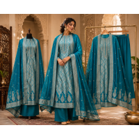 Blue Jacquard Unstitched Boutique Suit Set with Banarasi Designer Dupatta Blue Jacquard Unstitched Boutique Suit Set with Banarasi Designer Dupatta