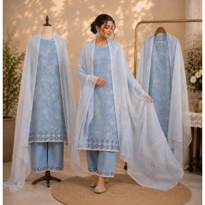 Powder Blue Floral Printed Cotton Unstitched Boutique Suit Set
