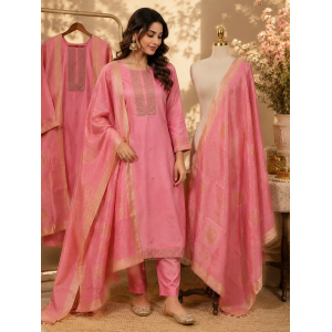Pastel Pink Shimmer Silk Unstitched Boutique Suit with Banarasi Dupatta