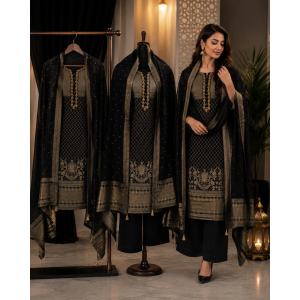 Royal Black Jacquard Unstitched Boutique Suit with Heavy Banarasi Dupatta