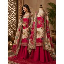 Magenta Red & Cream Paneled Crape Boutique Unstitched Suit Set Magenta Red & Cream Paneled Crape Boutique Unstitched Suit Set