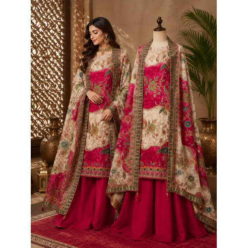 Magenta Red & Cream Paneled Crape Boutique Unstitched Suit Set Magenta Red & Cream Paneled Crape Boutique Unstitched Suit Set
