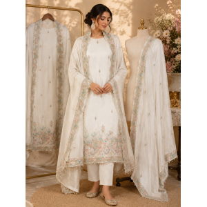 Off-White Premium Crape Unstitched Boutique Suit with Pastel Embroidered Dupatta