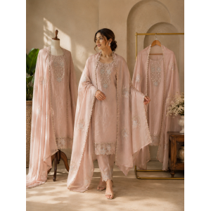 Pastel Peach Mal Cotton Unstitched Boutique Suit Set with Cutwork Details