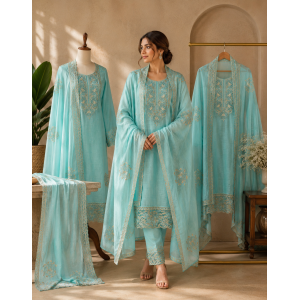 Sky Blue Mal Cotton Unstitched Boutique Suit Set with Detailed Cutwork