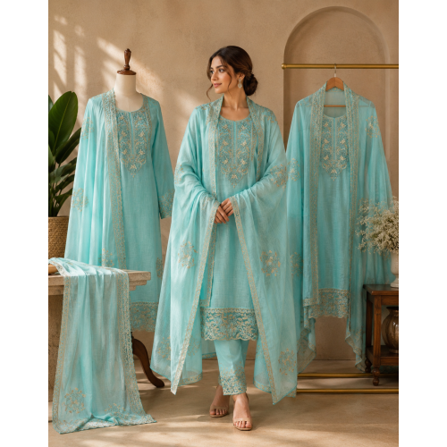 Sky Blue Mal Cotton Unstitched Boutique Suit Set with Detailed Cutwork Sky Blue Mal Cotton Unstitched Boutique Suit Set with Detailed Cutwork