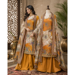 Mustard & Cream Paneled Crape Boutique Unstitched Suit Set Mustard & Cream Paneled Crape Boutique Unstitched Suit Set