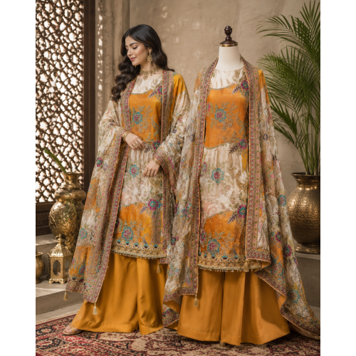 Mustard & Cream Paneled Crape Boutique Unstitched Suit Set Mustard & Cream Paneled Crape Boutique Unstitched Suit Set