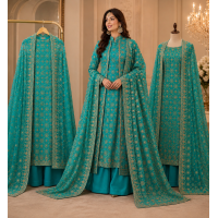 Feroza Turquoise Chinon Silk Heavy Zari Unstitched Suit Set Feroza Turquoise Chinon Silk Heavy Zari Unstitched Suit Set