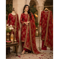 Rust & Cream Paneled Crape Boutique Unstitched Suit Set Rust & Cream Paneled Crape Boutique Unstitched Suit Set