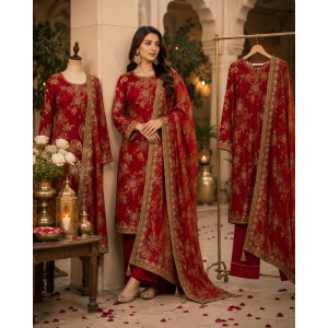 Rust & Cream Paneled Crape Boutique Unstitched Suit Set