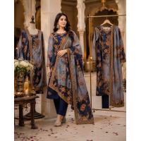 Royal Navy Blue and Slate Gray Floral Printed Crape Boutique Unstitched Suit Set Royal Navy Blue and Slate Gray Floral Printed Crape Boutique Unstitched Suit Set