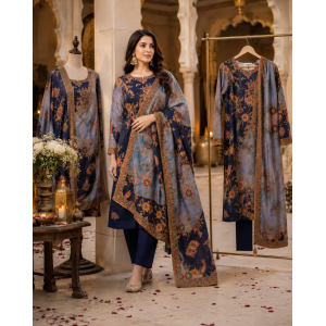 Royal Navy Blue and Slate Gray Floral Printed Crape Boutique Unstitched Suit Set