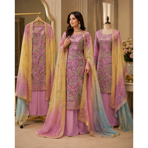 Lavender Heavy Embroidered Crape Unstitched Boutique Suit with Ombre Dupatta Lavender Heavy Embroidered Crape Unstitched Boutique Suit with Ombre Dupatta