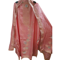 Banarasi Woven Jaal Silk Kurta Set in Peach Pink