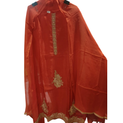 Fiery Orange Crape Silk Suit with Gold Zari Embroidery