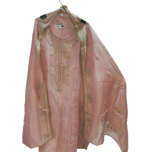 Blush Pink Chinon Silk Embroidered Kurti with Plain Bottom and Heavy Zari Work Dupatta