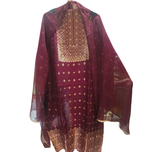 Maroon Dola Silk Suit Set with Gold Zari Weaving
